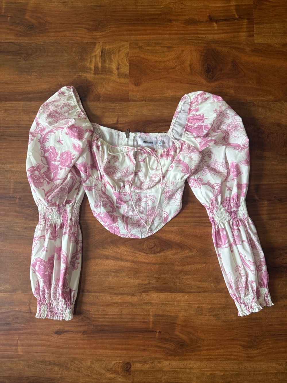 Cream and Pink Toile Puff-Sleeve Crop Top